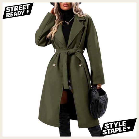 Women's Wool Pea Coat Double Breasted Belted Mid-Length Winter Overcoat - Picture 4 of 7